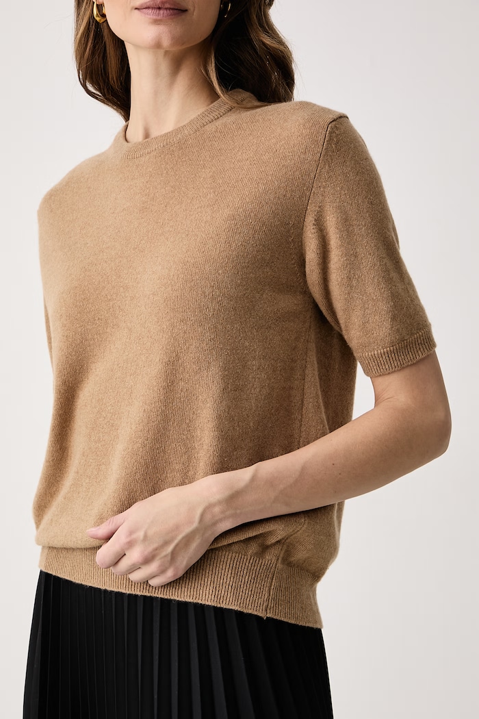 Sweter z krótkim rękawem damski z kaszmirem Haveone MNC.R095 beżowy