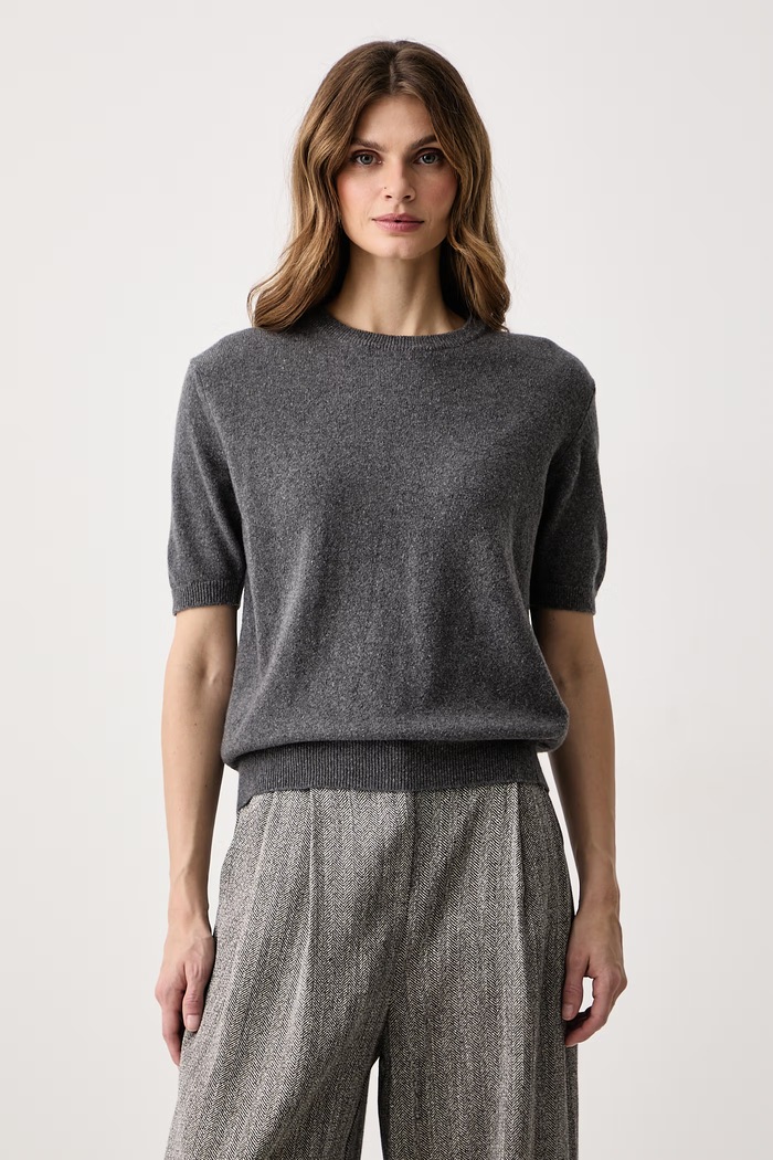 Haveone Sweter z krótkim rękawem damski z kaszmirem szary MNC.R095