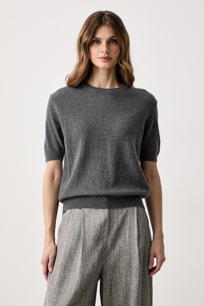 Haveone Sweter z krótkim rękawem damski z kaszmirem szary MNC.R095