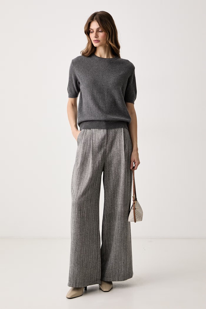 Haveone Sweter z krótkim rękawem damski z kaszmirem MNC.R095 szary AW26