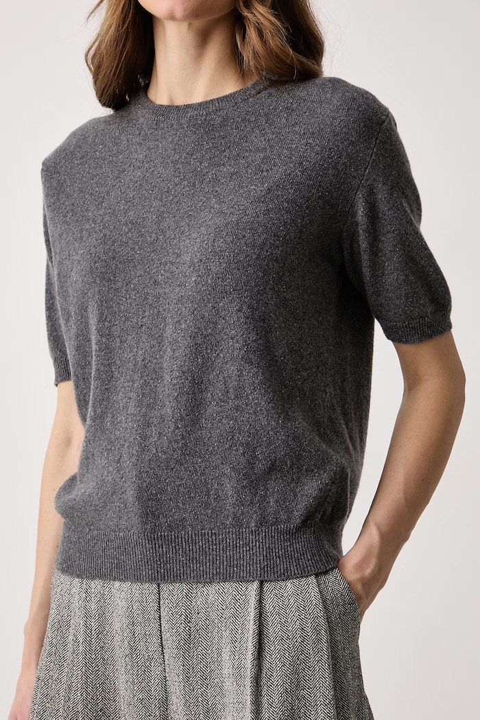 Sweter z krótkim rękawem damski z kaszmirem Haveone MNC.R095 szary