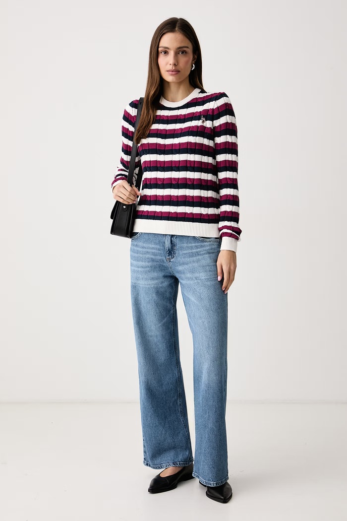 U.S. Polo Assn. Sweter damski bawełniany Stripe Crew Neck Cable WUP1582 biały AW26