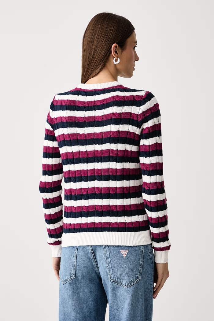 Odzież U.S. Polo Assn. Sweter damski bawełniany Stripe Crew Neck Cable WUP1582 biały