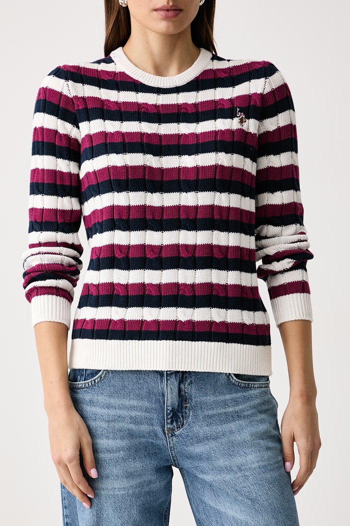 Sweter damski bawełniany Stripe Crew Neck Cable U.S. Polo Assn. WUP1582 biały