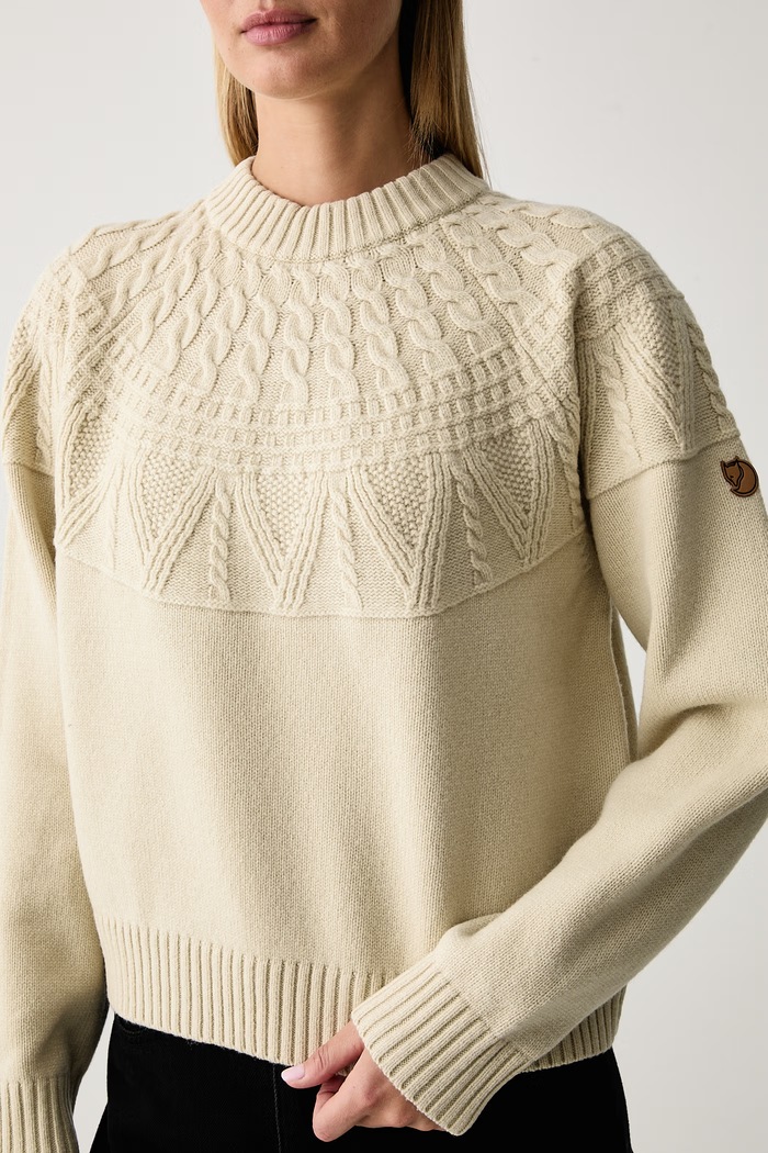 Sweter damski wełniany Ovik Solid Jacquard Fjallraven F14600300.191 beżowy