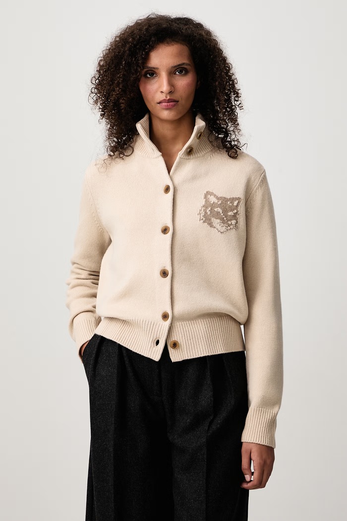 Maison Kitsuné Fox Head kardigan wełniany damski beżowy NW00509KM0329