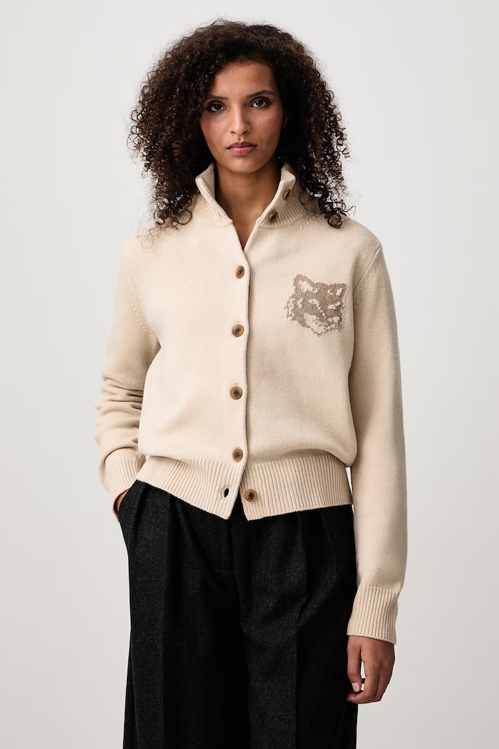 Maison Kitsuné Fox Head kardigan wełniany damski beżowy NW00509KM0329