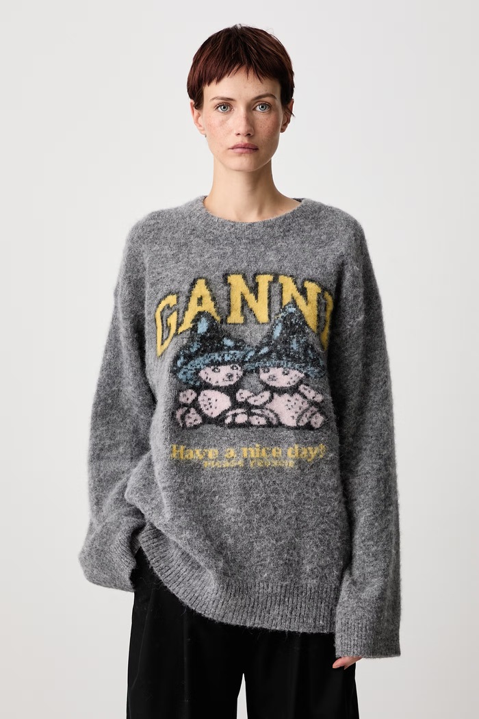 GANNI Mushroom Teddy sweter z wełną damski szary A1150056