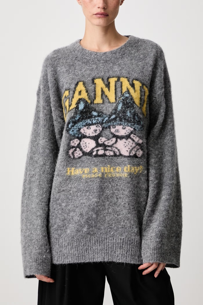 Mushroom Teddy sweter z wełną damski GANNI szary A1150056