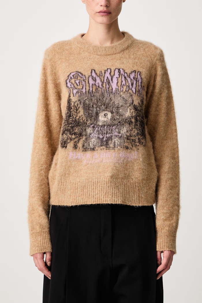 Teddy sweter z wełną damski GANNI brązowy A1150055