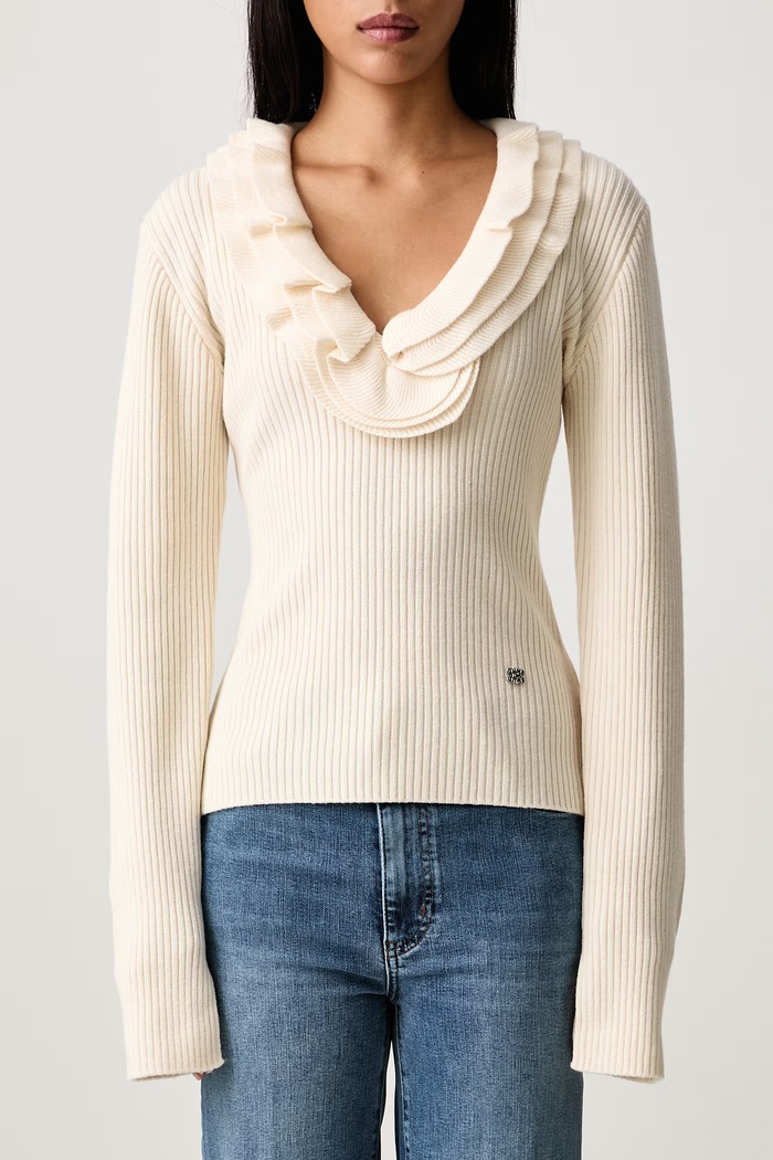 Ribbed Frill sweter z wełną merino damski GANNI beżowy A1040528