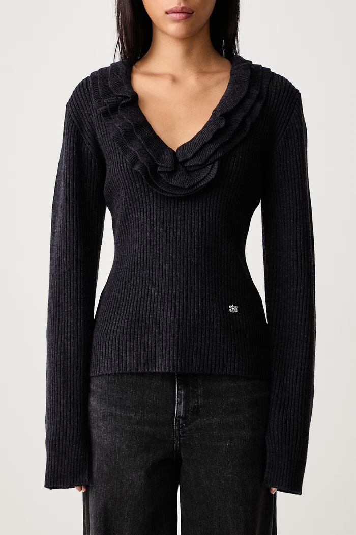 Ribbed Frill sweter z wełną merino damski GANNI szary A1040528