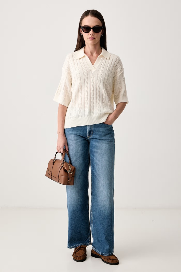 Marc O'Polo Sweter z krótkim rękawem damski z wełną 5000012259 beżowy AW26