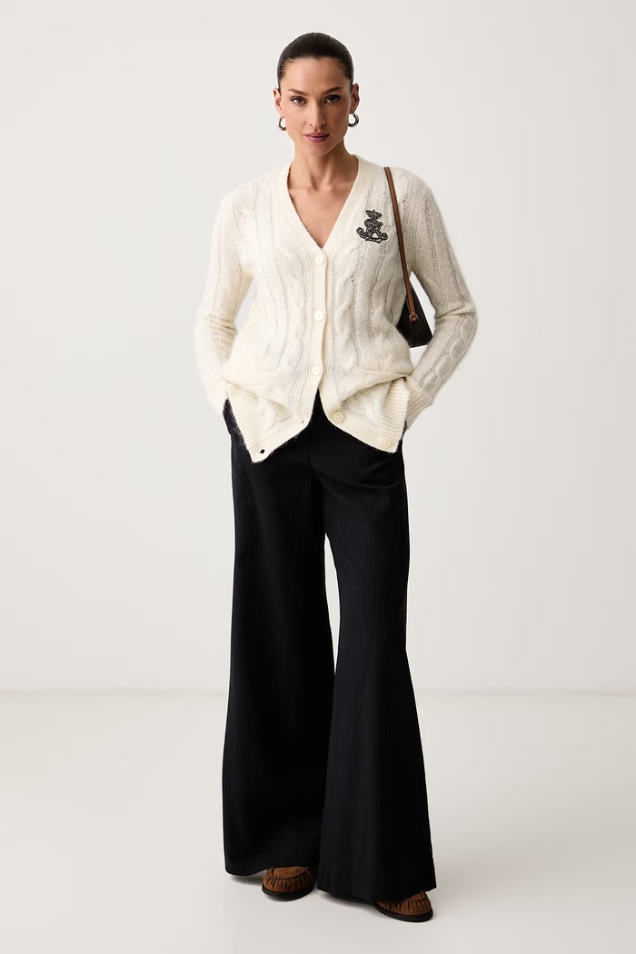 Lauren Ralph Lauren Sweter rozpinany damski z dodatkiem wełny i moheru 200B27529 beżowy AW26