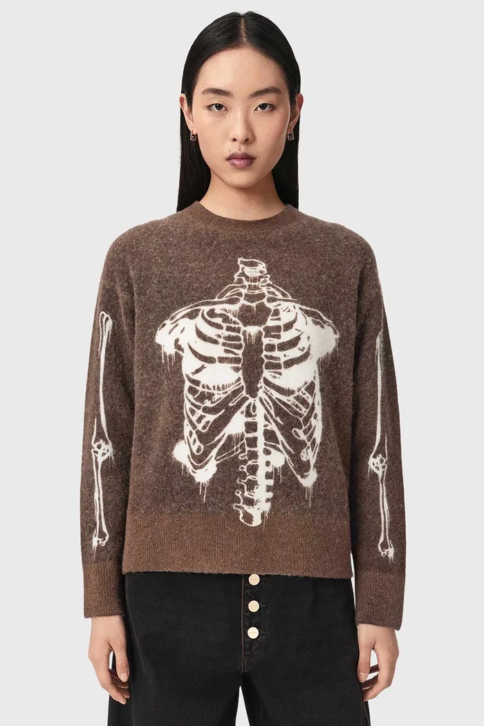 AllSaints Sweter damski z wełną merino RIBSPILL brązowy W034KF