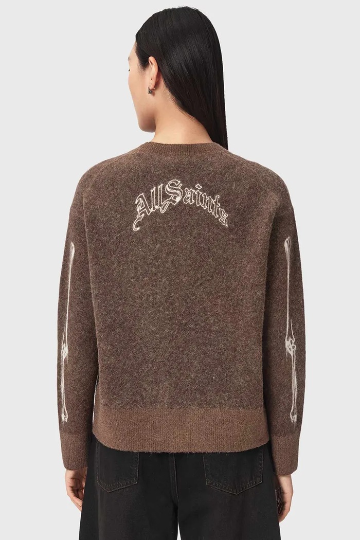 AllSaints Sweter damski z wełną merino RIBSPILL W034KF brązowy AW26