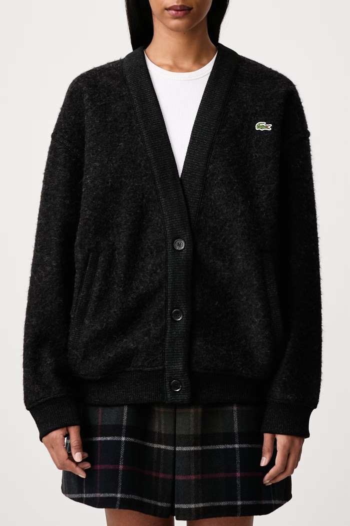 Kardigan z dodatkiem wełny damski Lacoste czarny SF8635.EL6