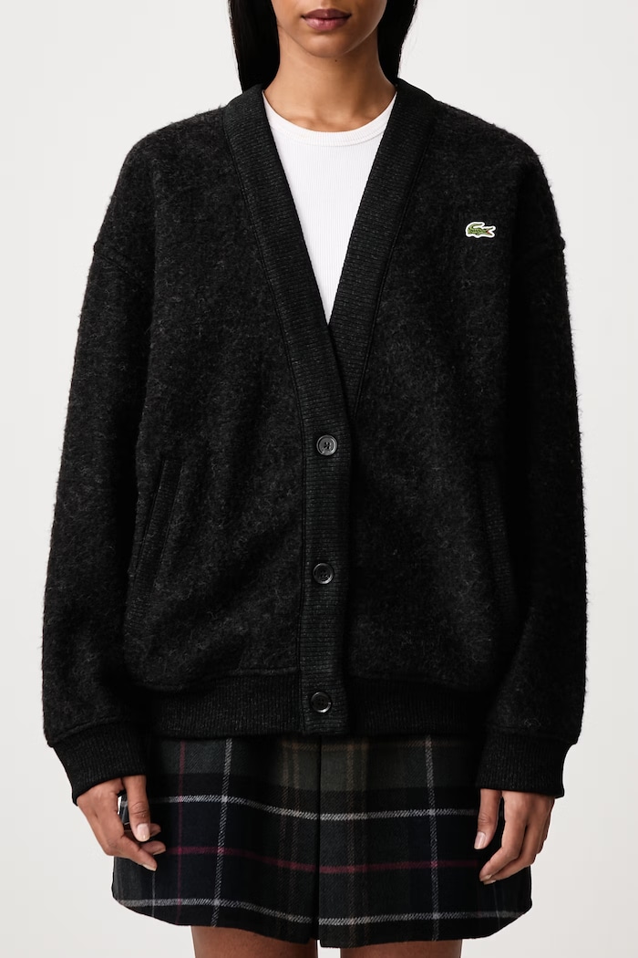Kardigan z dodatkiem wełny damski Lacoste czarny SF8635.EL6