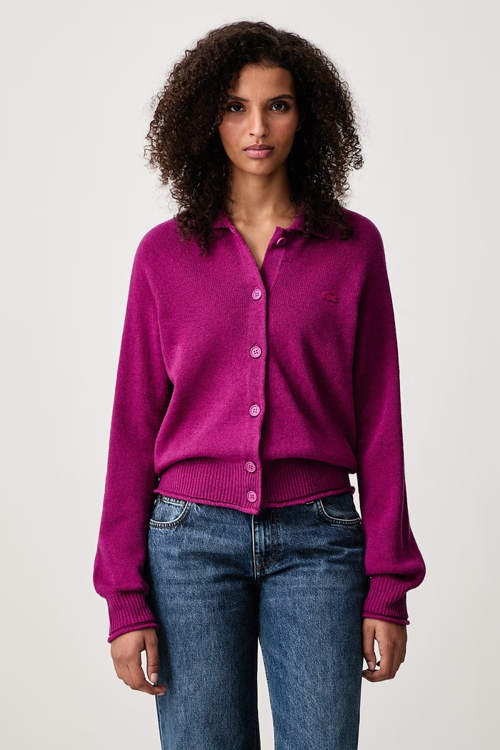 Lacoste Cardigan din lână merino pentru femei violet AF8274.ZK2
