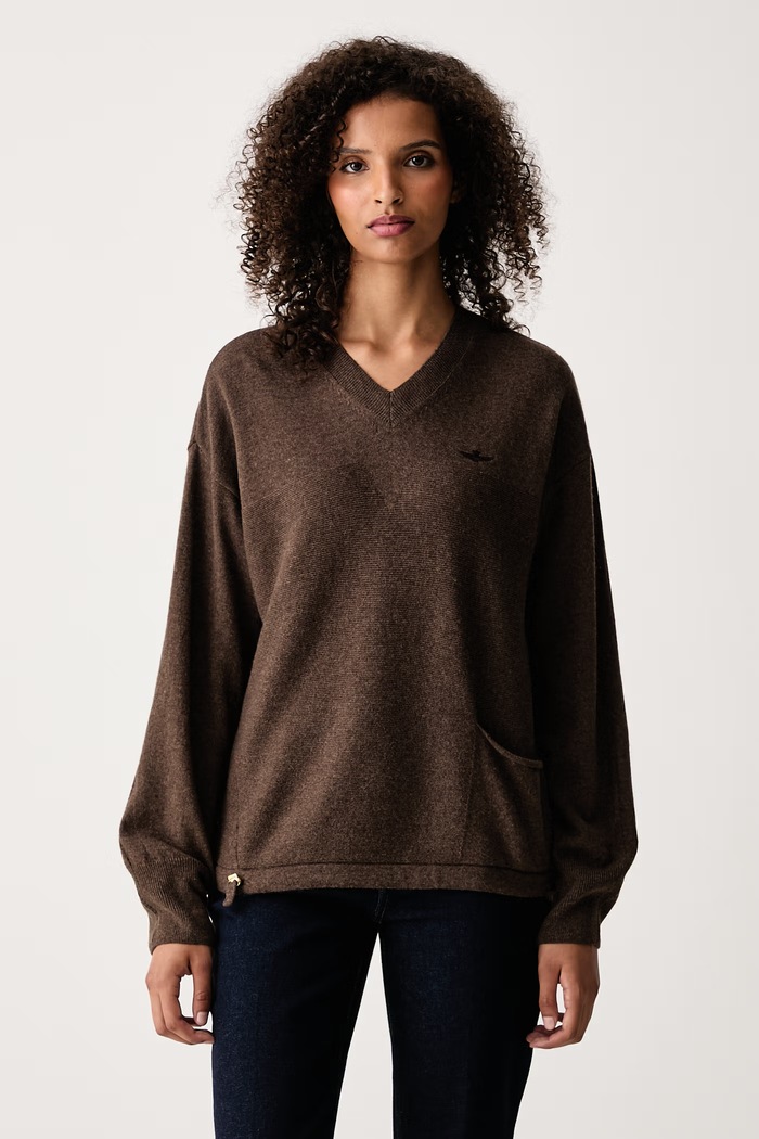 Aeronautica Militare Sweter damski z dodatkiem wełny brązowy MA1651DL00946