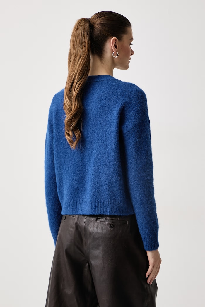 Odzież Weekend Max Mara Kardigan damski z dodatkiem wełny WKDGETTATA 2625346052600 niebieski
