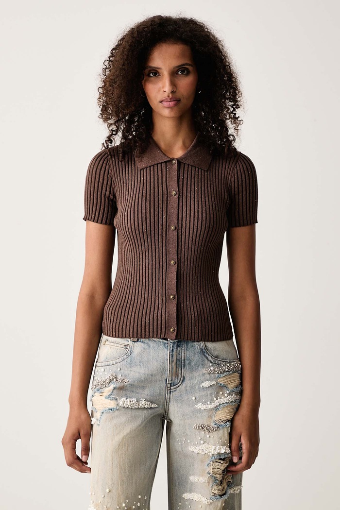 Miss Sixty Sweter rozpinany damski z dodatkiem lnu brązowy 6M3RJ02400