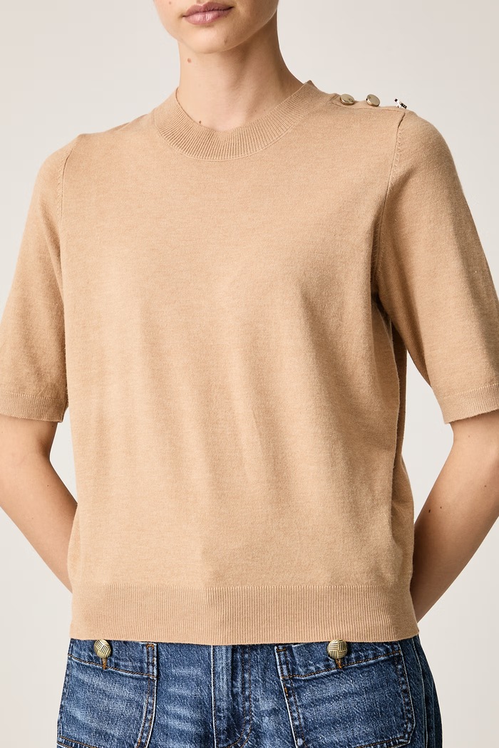 Sweter z krótkim rękawem damski z dodatkiem wełny Morgan MPIKO beżowy