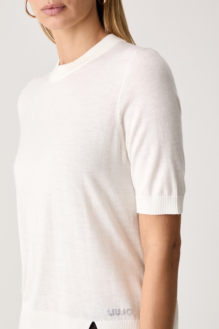 Sweter z krótkim rękawem damski z wełną Liu Jo WF6419.MA16R beżowy
