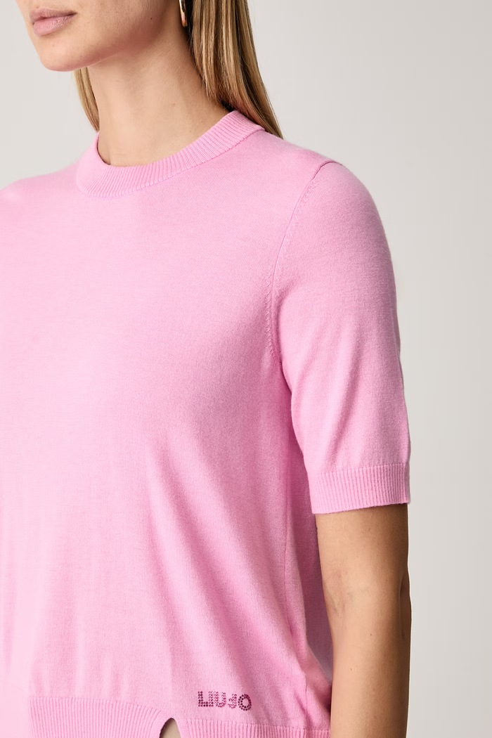 Sweter z krótkim rękawem damski z wełną Liu Jo WF6419.MA16R różowy