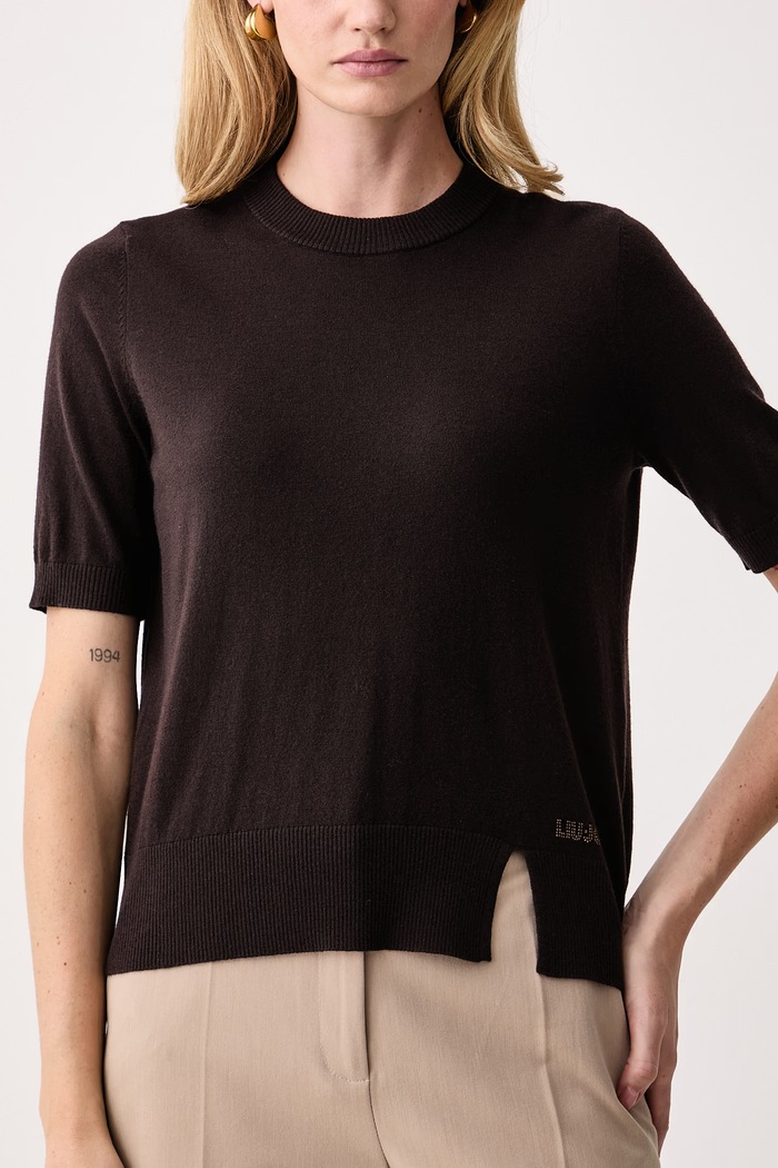 Sweter z krótkim rękawem damski z wełną Liu Jo WF6419.MA16R brązowy