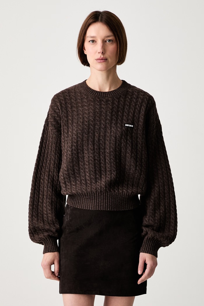 Rotate CABLE CREWNECK sweter wełniany damski brązowy 1164372037