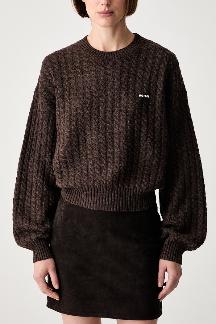 Rotate CABLE CREWNECK sweter wełniany damski brązowy 1164372037