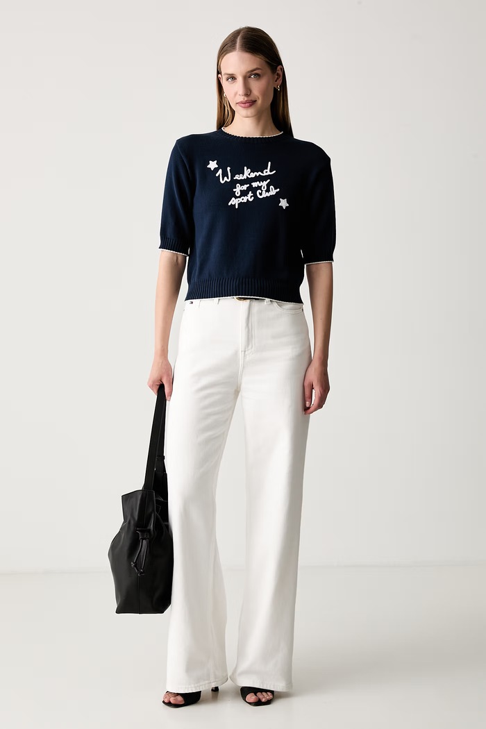 Weekend Max Mara sweter z krótkim rękawem damski z bawełną WKDFIACRE 2625366191600 granatowy AW26