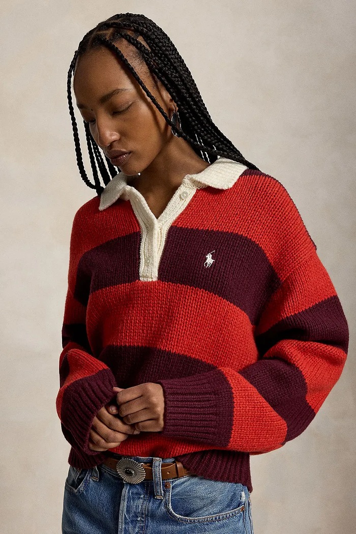 Polo Ralph Lauren WOOL RWS-SWEATER-RUGBY sweter z wełną damski bordowy 211B17752002