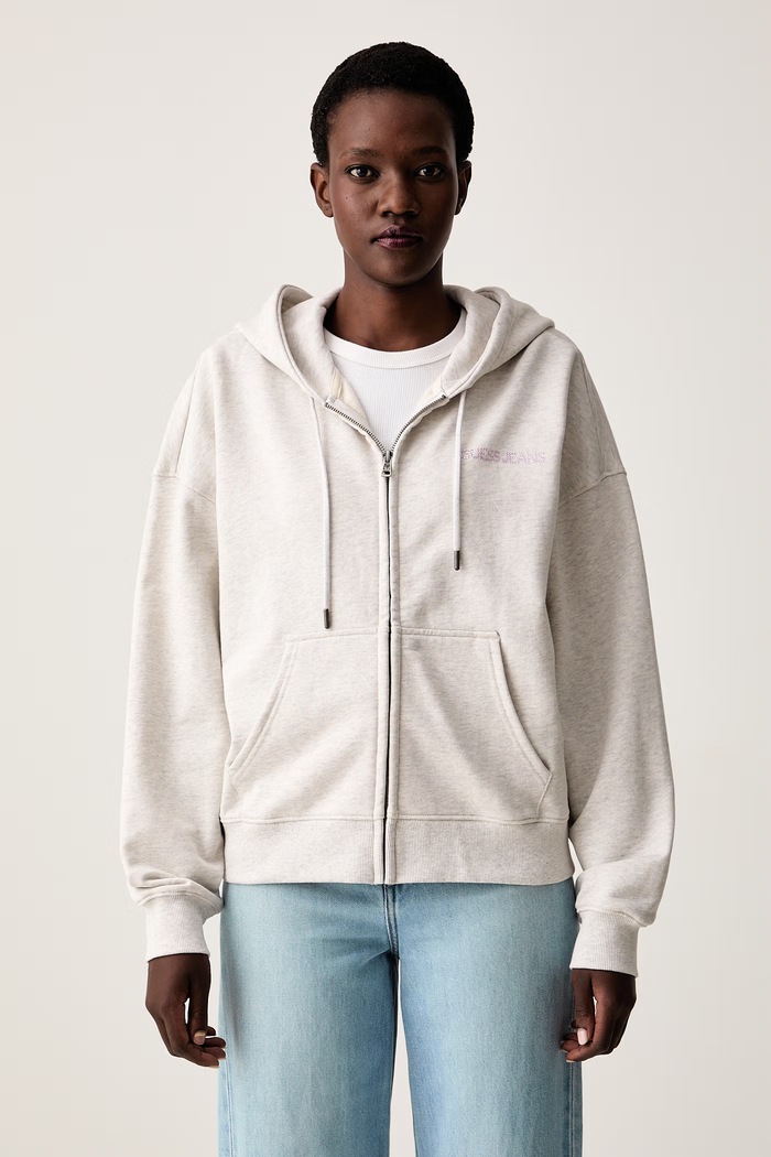 Guess Jeans mikina na zips s kapucňou dámska bavlnená sivá W6YQ10.K3872