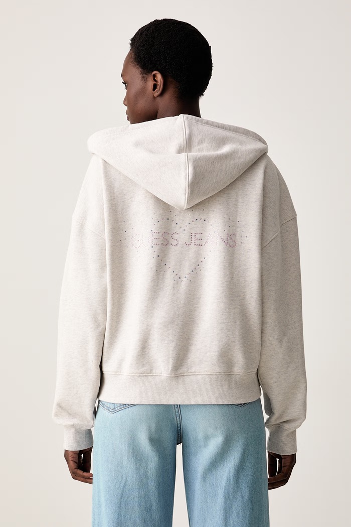 Oblečenie Guess Jeans mikina na zips s kapucňou dámska bavlnená W6YQ10.K3872 sivá