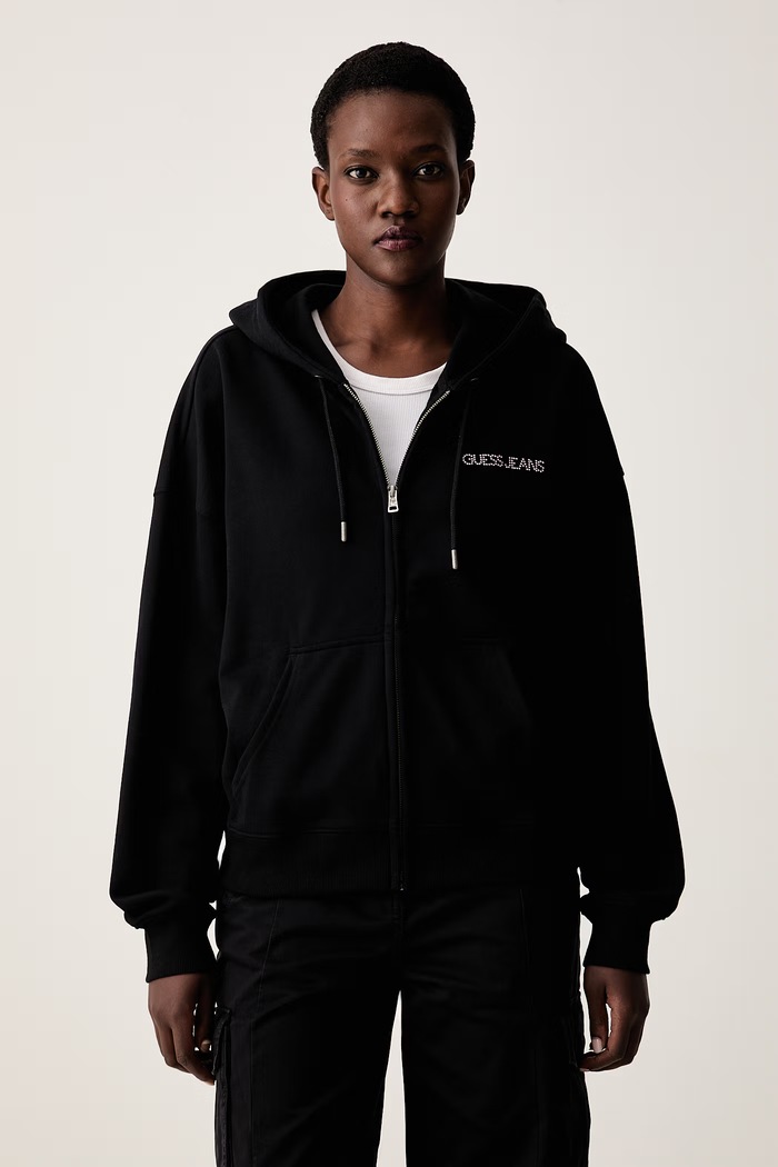 Guess Jeans mikina na zips s kapucňou dámska bavlnená čierna W6YQ10.K3872