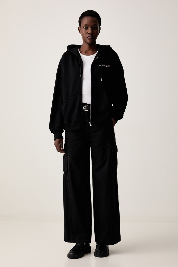 Guess Jeans mikina na zips s kapucňou dámska bavlnená W6YQ10.K3872 čierna AW26
