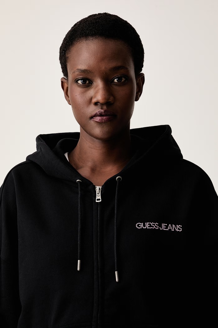 Guess Jeans mikina na zips s kapucňou dámska bavlnená čierna W6YQ10.K3872
