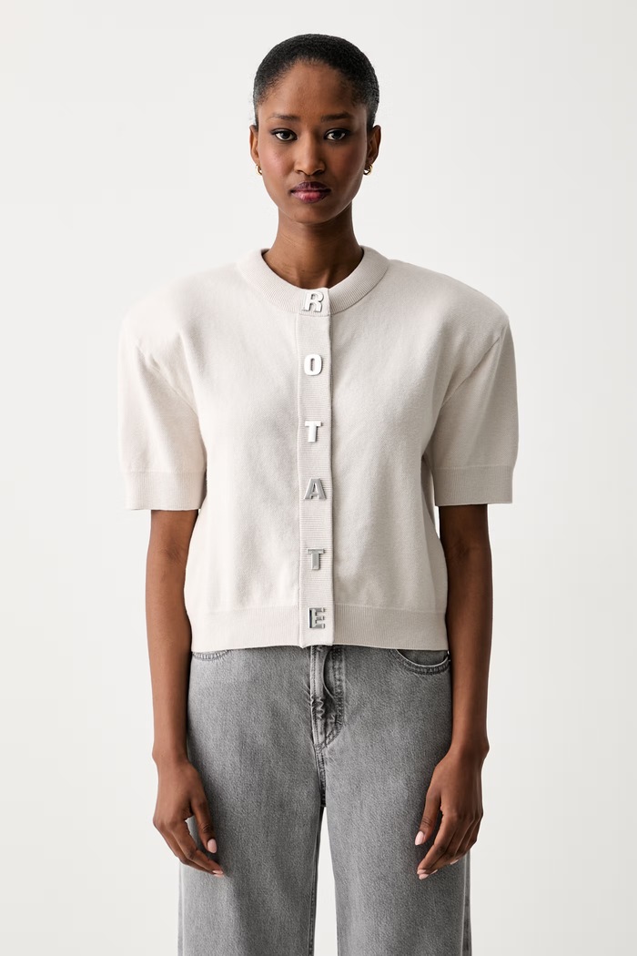 Rotate sweter z krótkim rękawem damski z bawełną beżowy 1161862690