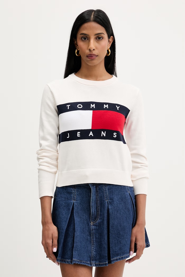 Tommy Jeans πουλόβερ γυναικείο βαμβακερό μπεζ DW0DW22930