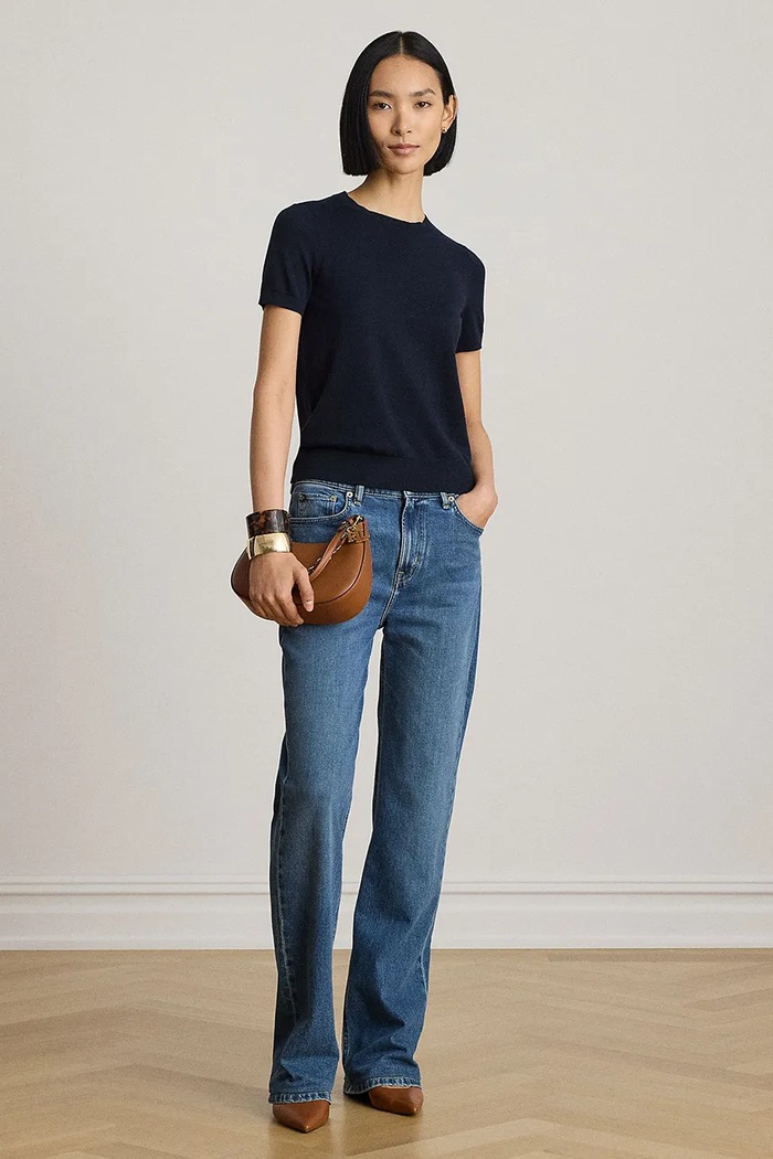 Lauren Ralph Lauren sweter z krótkim rękawem damski z modalem 200P14055 granatowy
