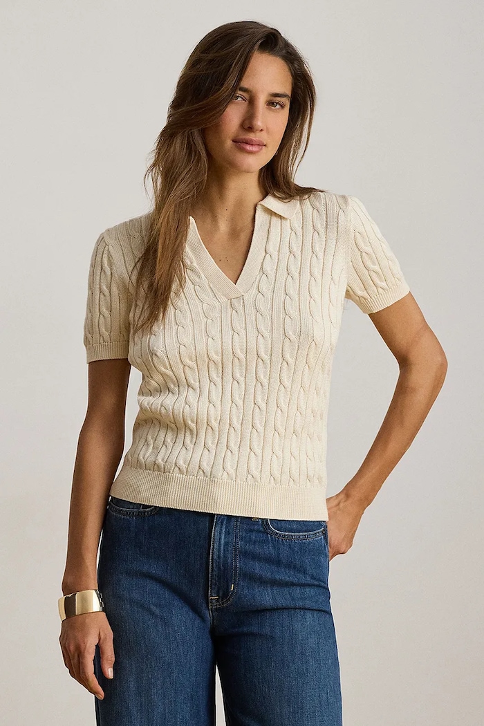 Lauren Ralph Lauren sweter z krótkim rękawem damski z wiskozą beżowy 200P14041