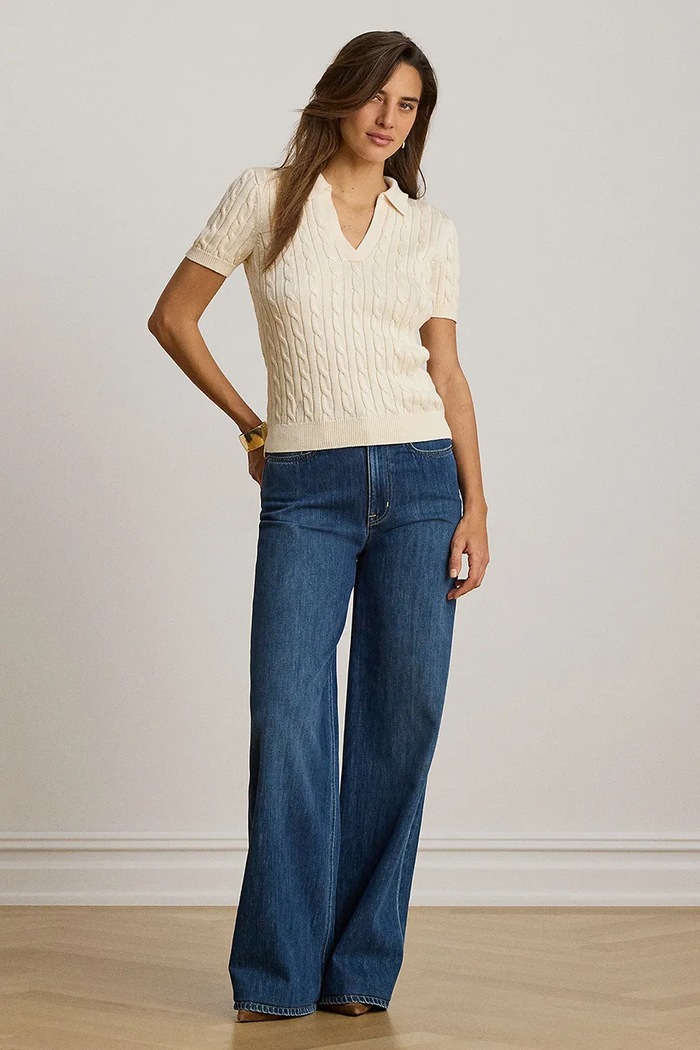 Lauren Ralph Lauren sweter z krótkim rękawem damski z wiskozą 200P14041 beżowy