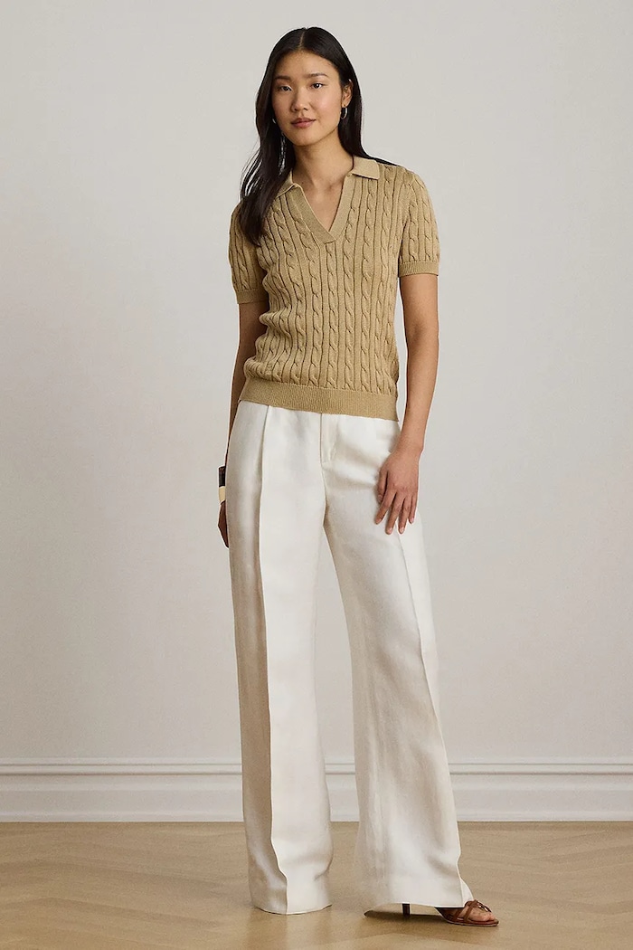 Lauren Ralph Lauren sweter z krótkim rękawem damski z wiskozą 200P14041 beżowy