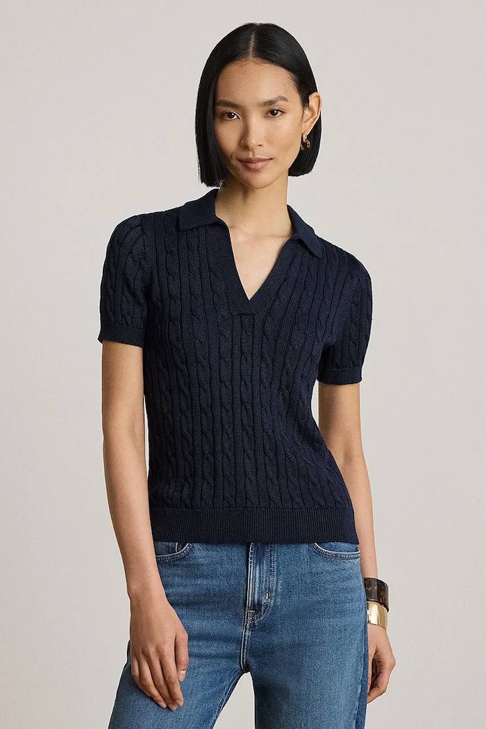 Lauren Ralph Lauren sweter z krótkim rękawem damski z wiskozą granatowy 200P14041