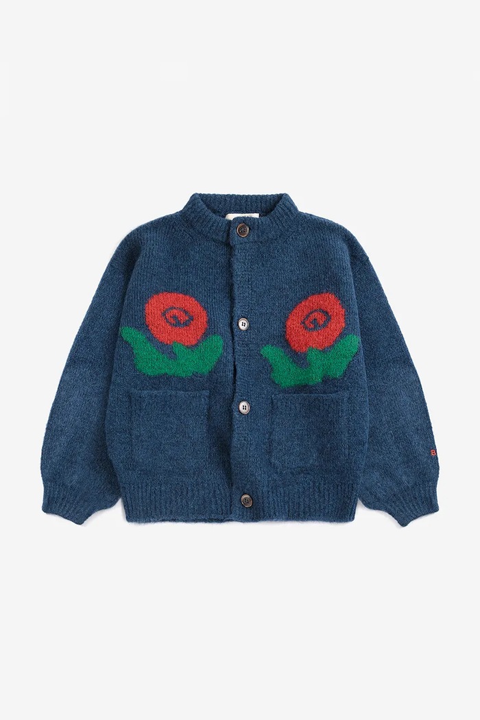 Bobo Choses Kardigan dziecięcy z dodatkiem wełny Stamp Bloom 226AC091 granatowy AW26