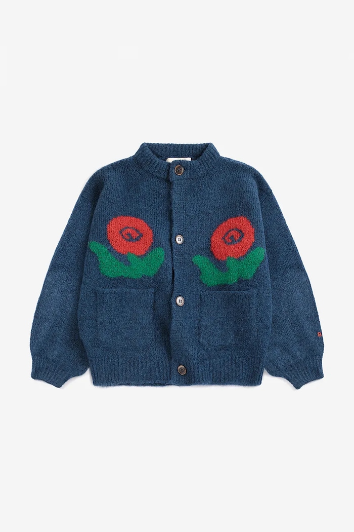 Bobo Choses Kardigan dziecięcy z dodatkiem wełny Stamp Bloom 226AC091 granatowy AW26