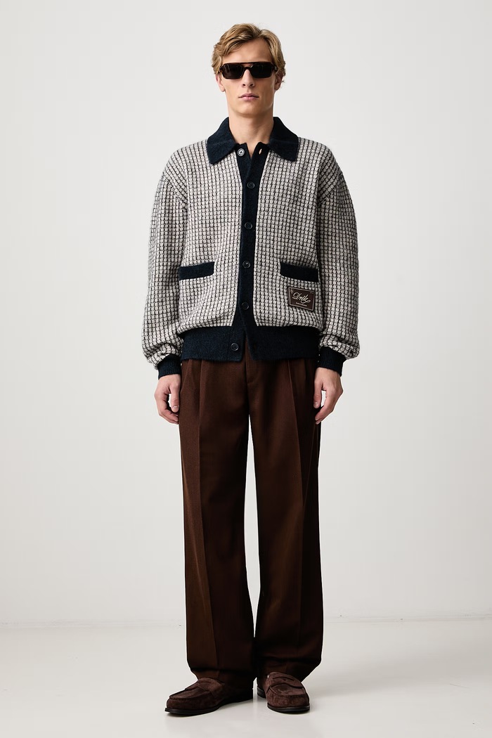 Drôle de Monsieur Kardigan męski z wełną Waffle Drule Patch M.CA191.WO018 granatowy AW26