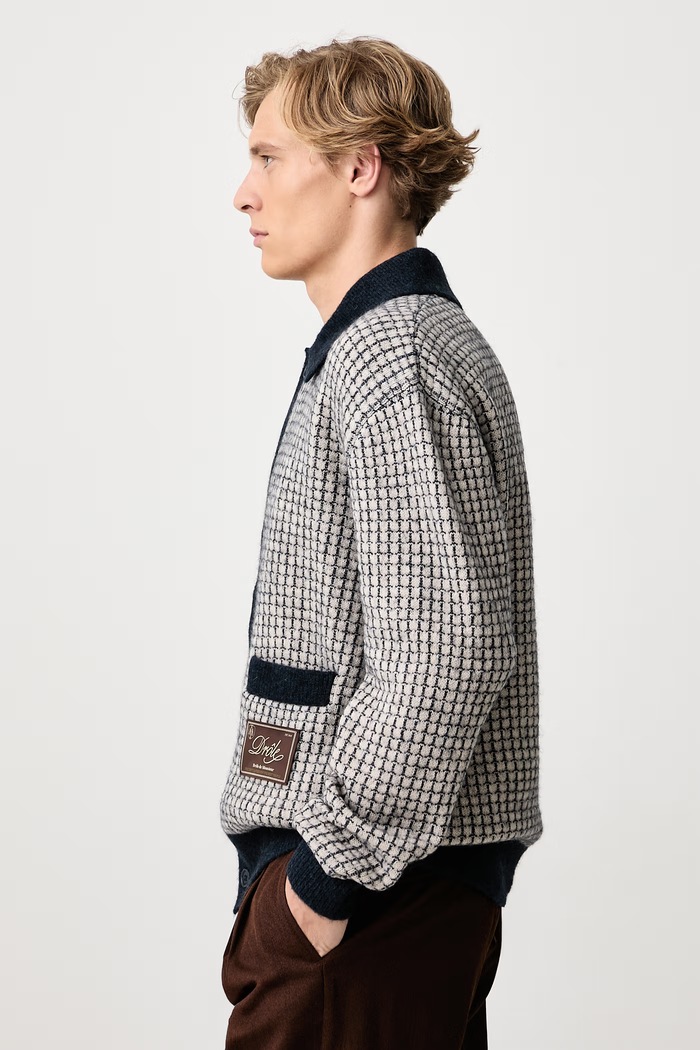 Kardigan męski z wełną Waffle Drule Patch Drôle de Monsieur M.CA191.WO018 granatowy